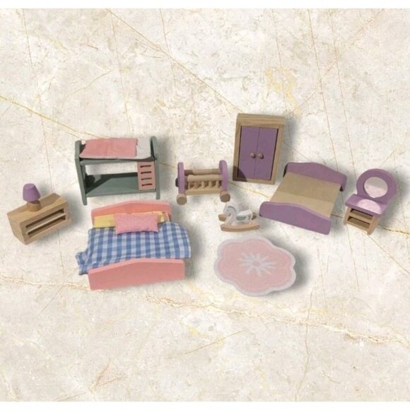 Le Toy Van Wooden Dolls House Furniture Bedroom Set Crib Rocking Horse Lamp Mini - Picture 1 of 13